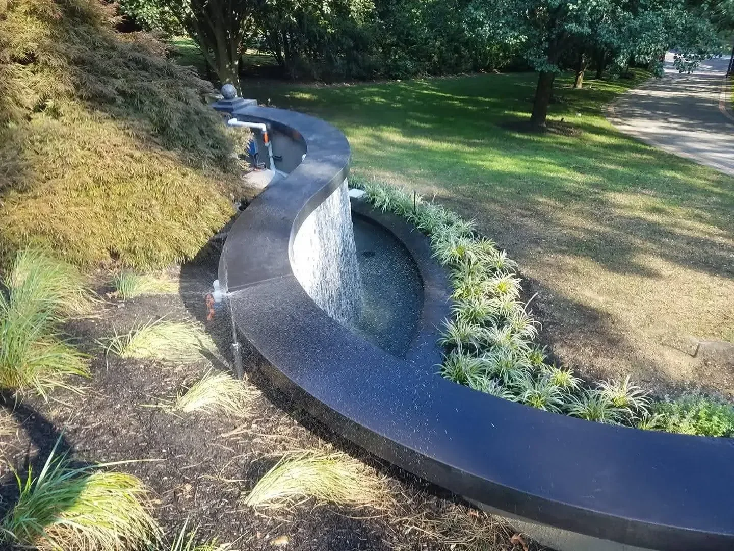 A modern curved dark stone wall serves as a sheet waterfall feature surrounded by lush ornamental grasses and trees in a sunny landscape setting.